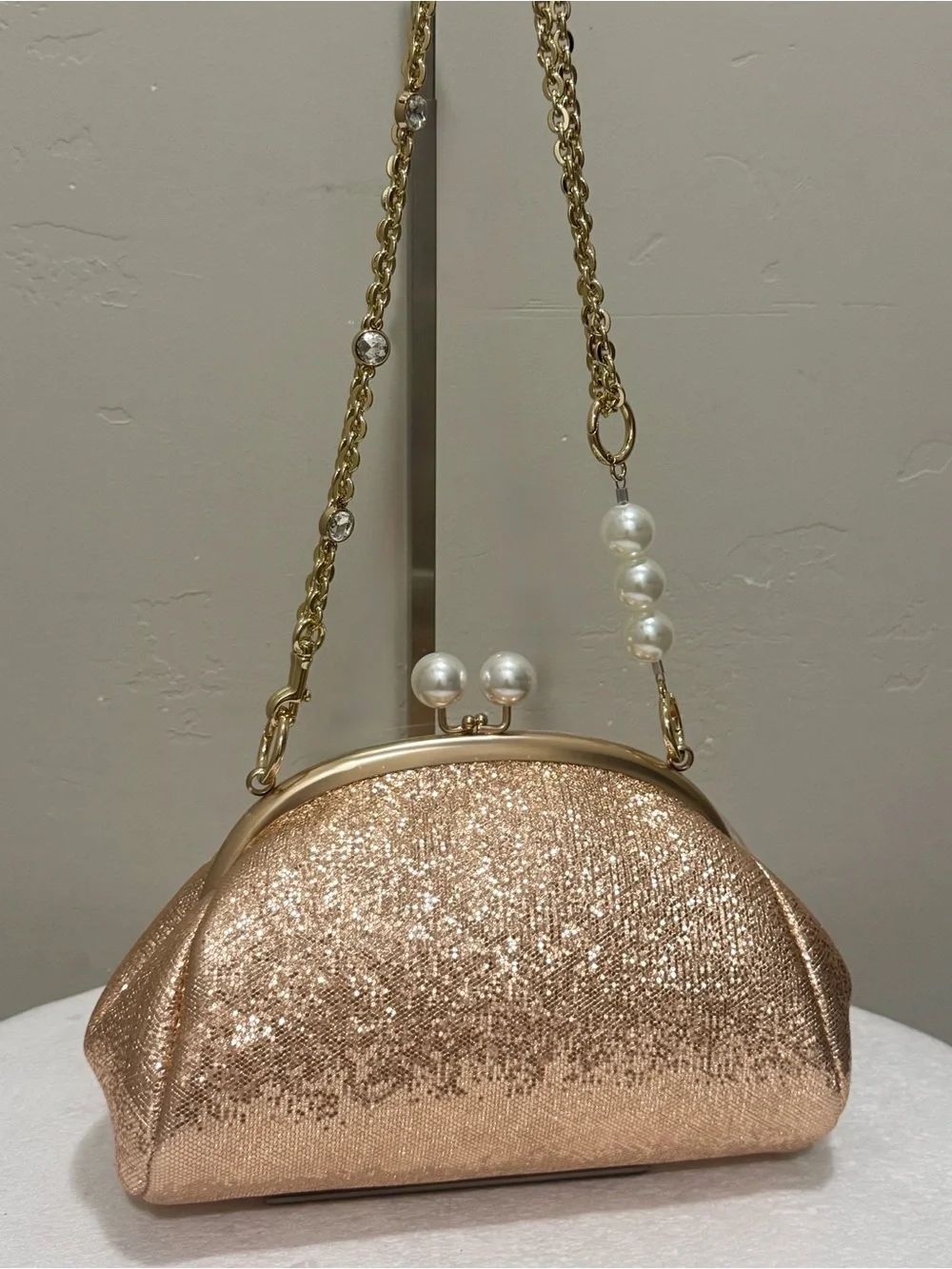 Rose Gold Glitter Leather Handmade “Pearl” Shaped Kisslock Bag, Multi Use Style